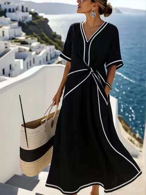 Women's Boho V-Neck Twist-Front Linen Maxi Beach Dress