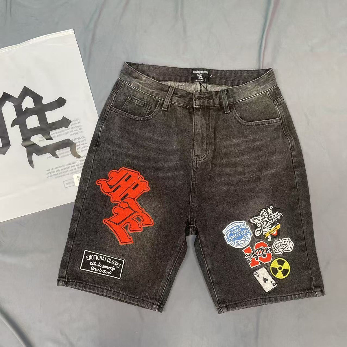 Charcoal Gray Red Gothic Collage Denim Shorts