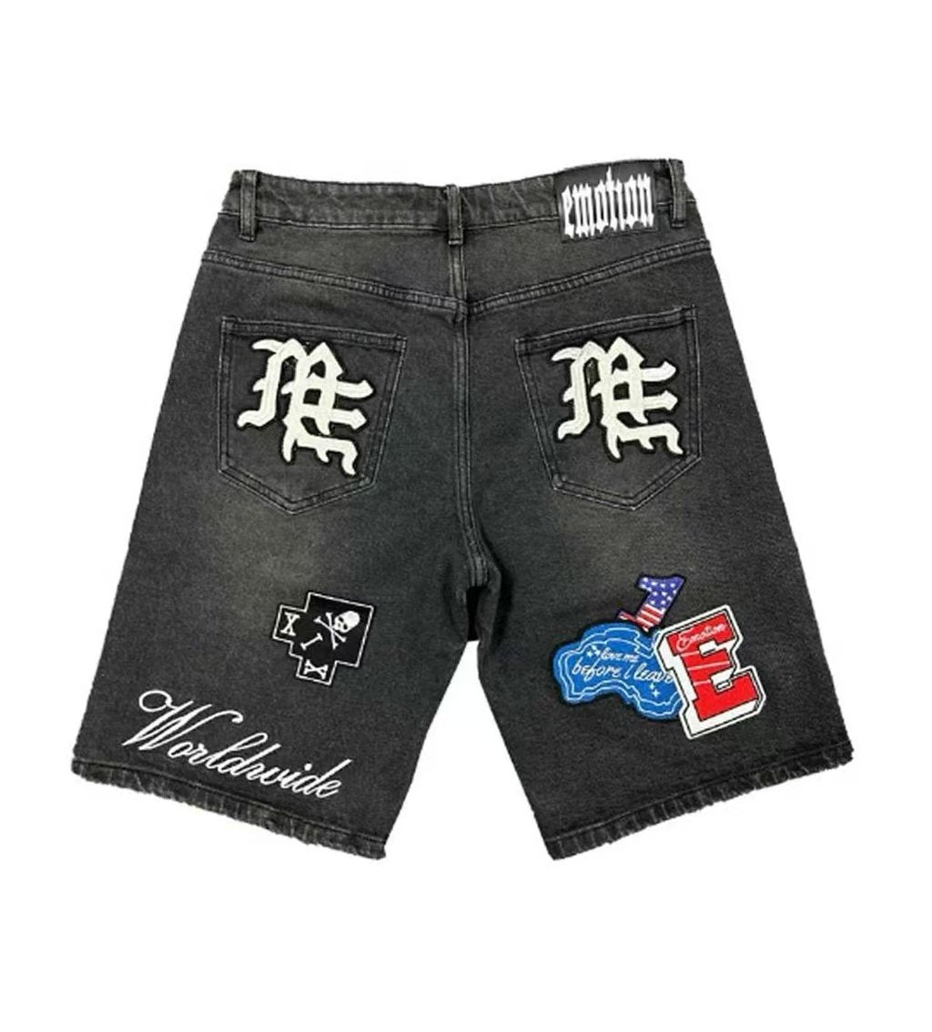 Charcoal Gray Red Gothic Collage Denim Shorts