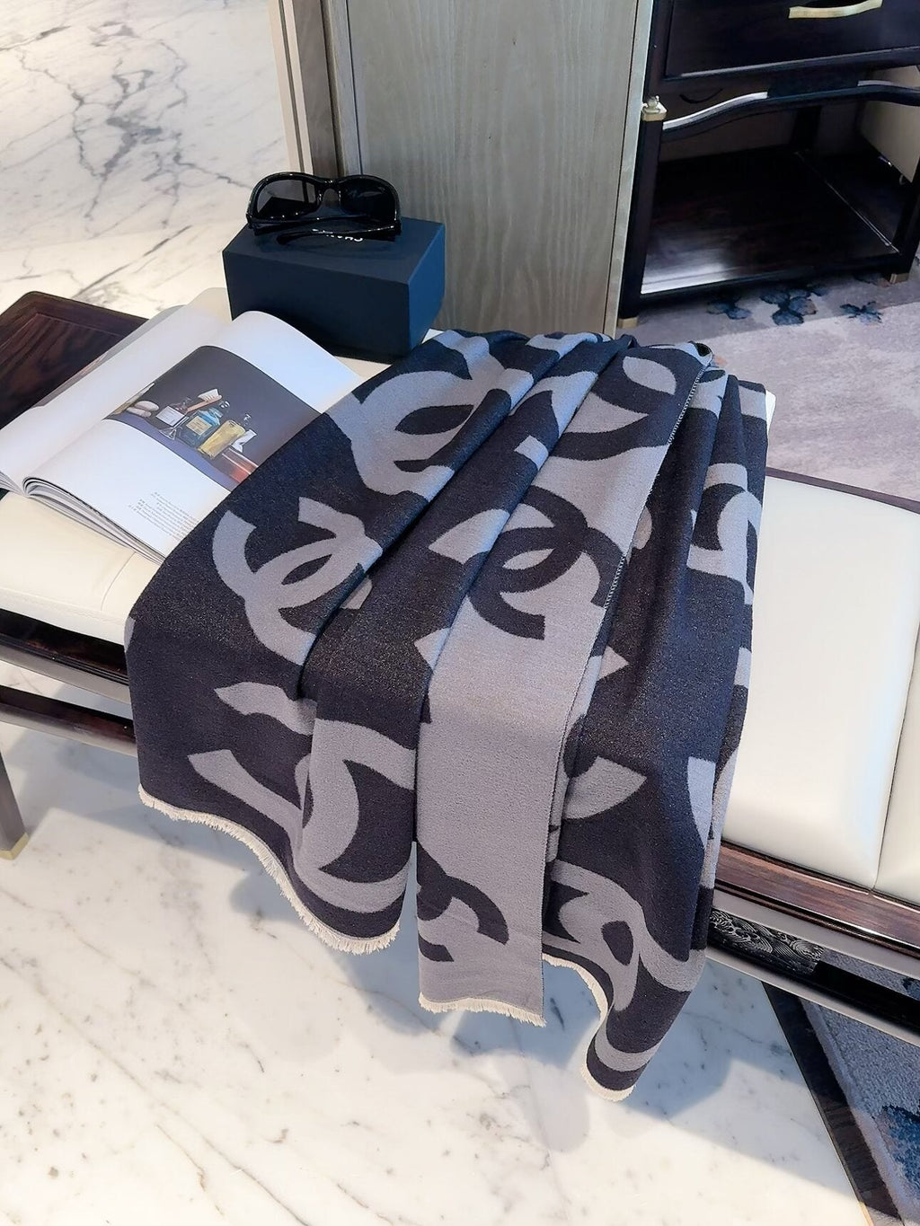 Chanel Style Oversized Logo Knit Scarf