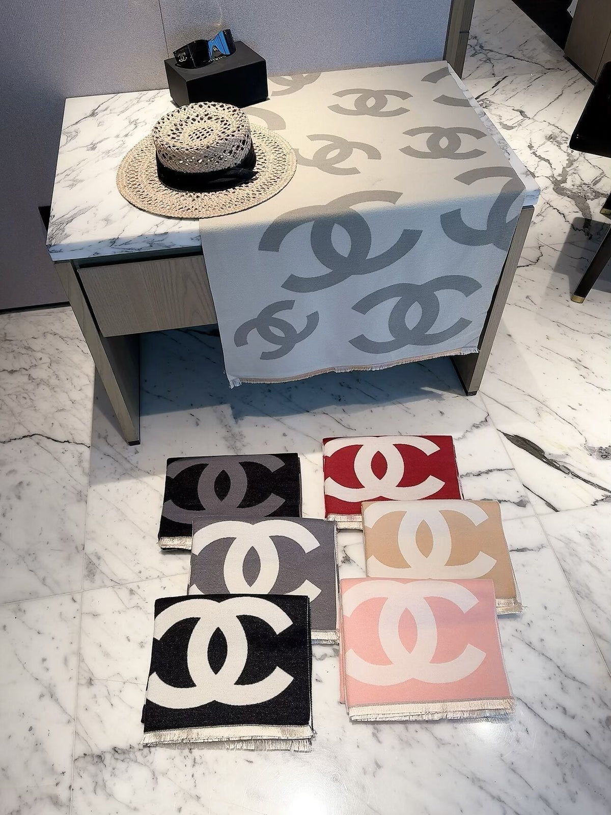 Chanel Style Oversized Logo Knit Scarf