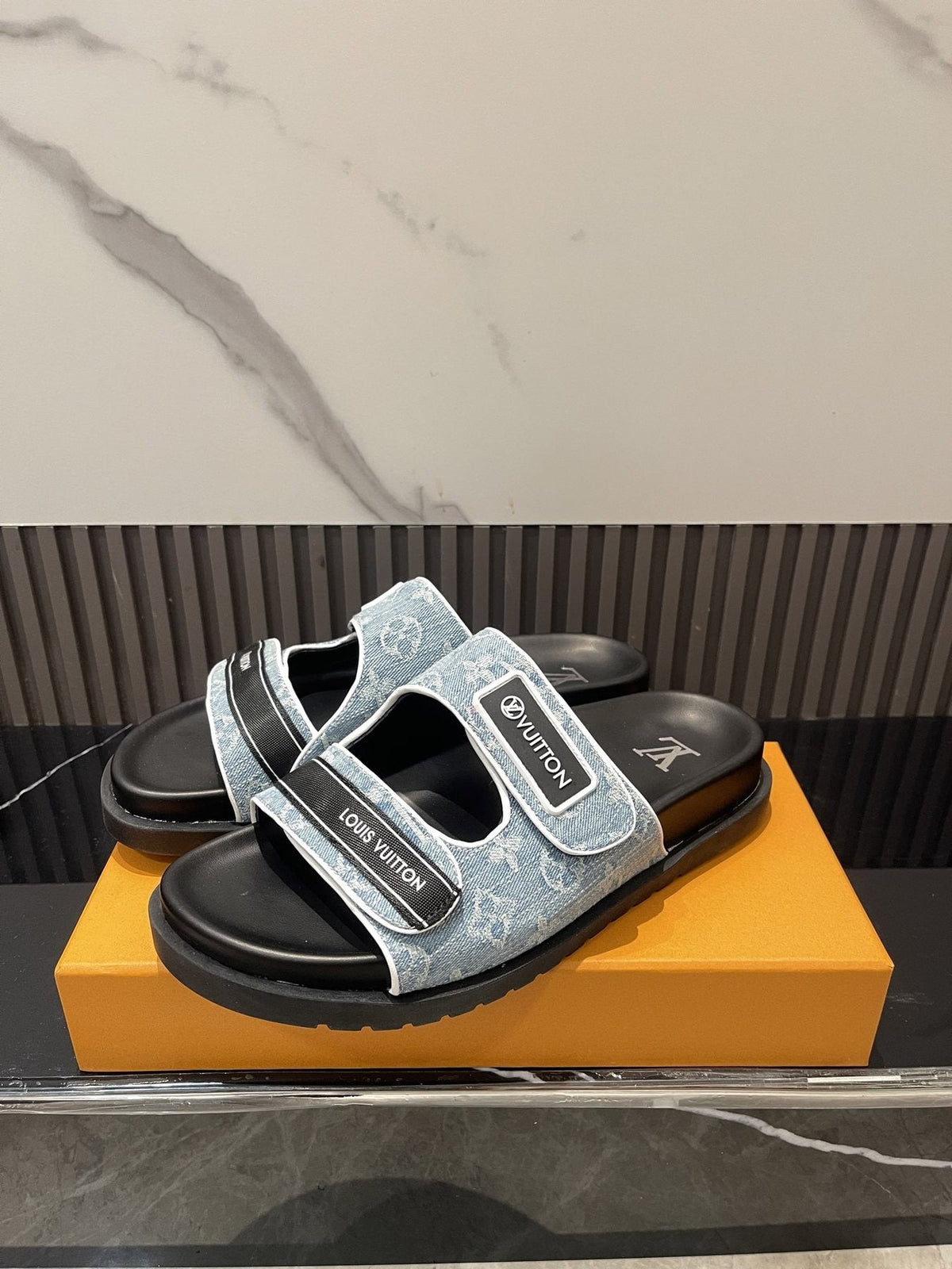 Louis Vuitton Light Blue-Gray Double-Strap Slide Sandals