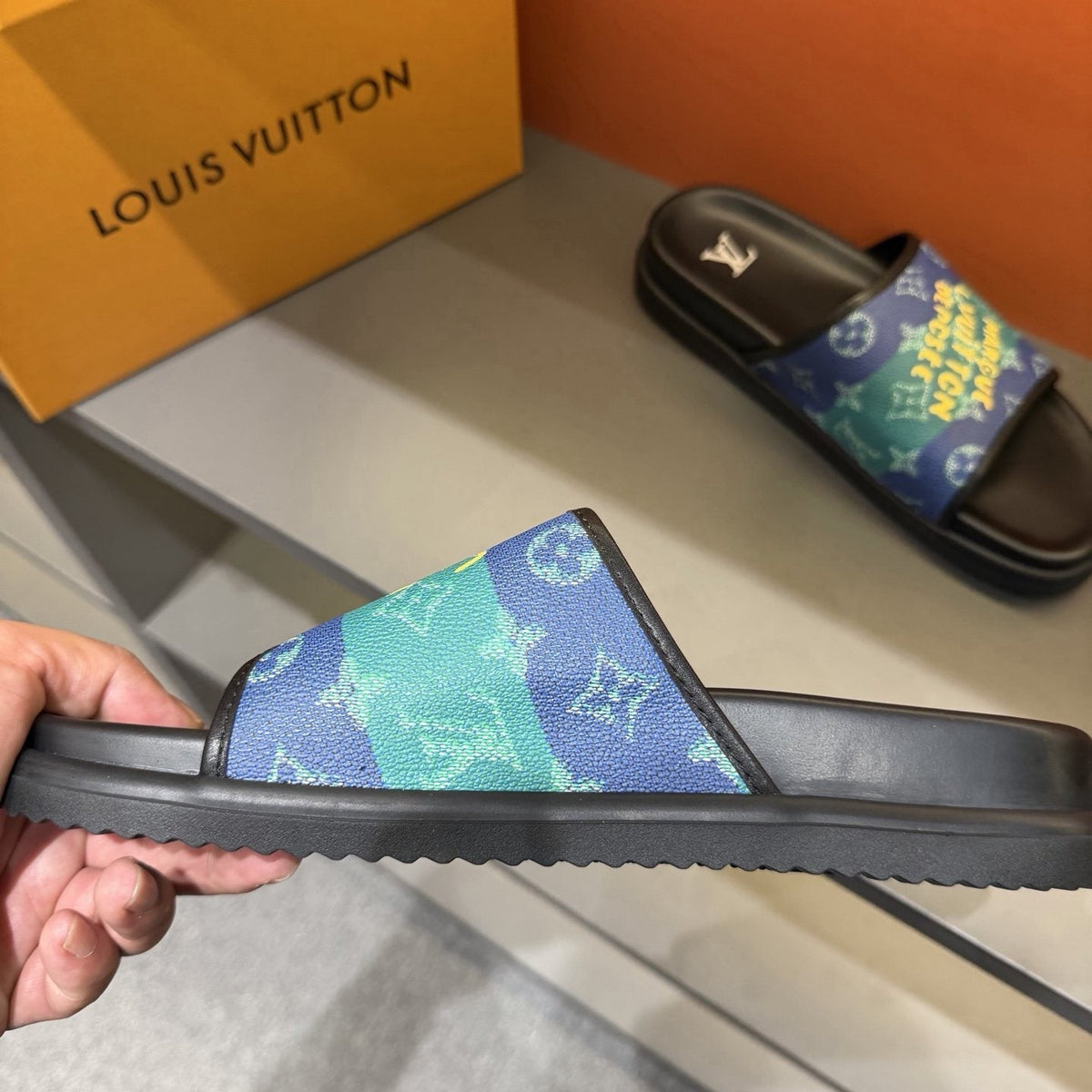 Louis Vuitton Blue & Green Printed Slide Sandals