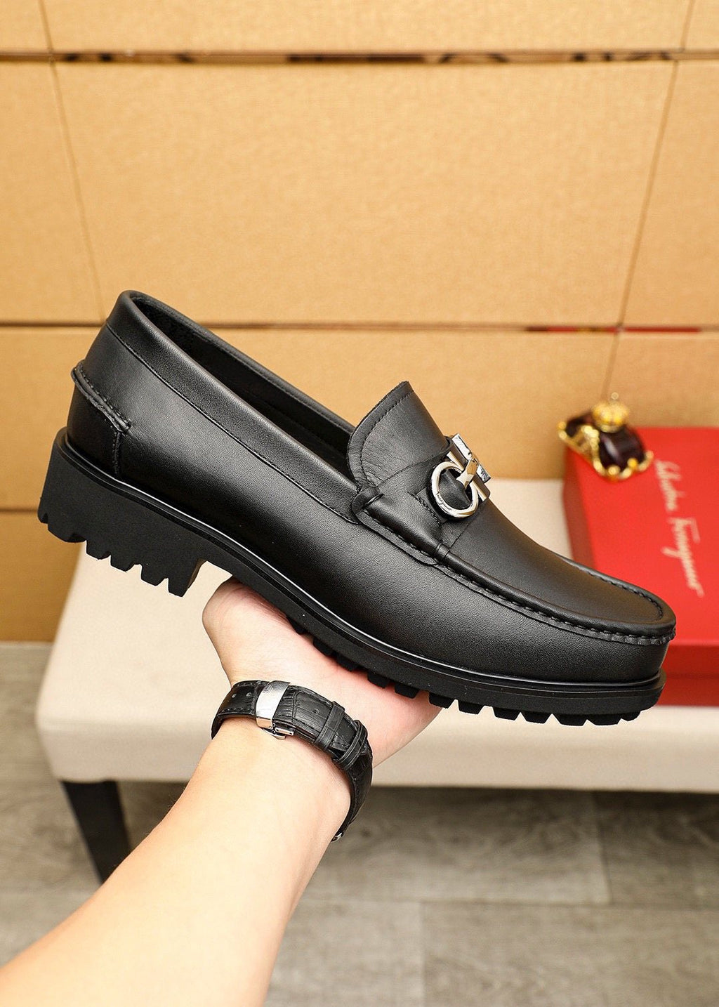 Ferragamo Black Metal-Hardware Loafers