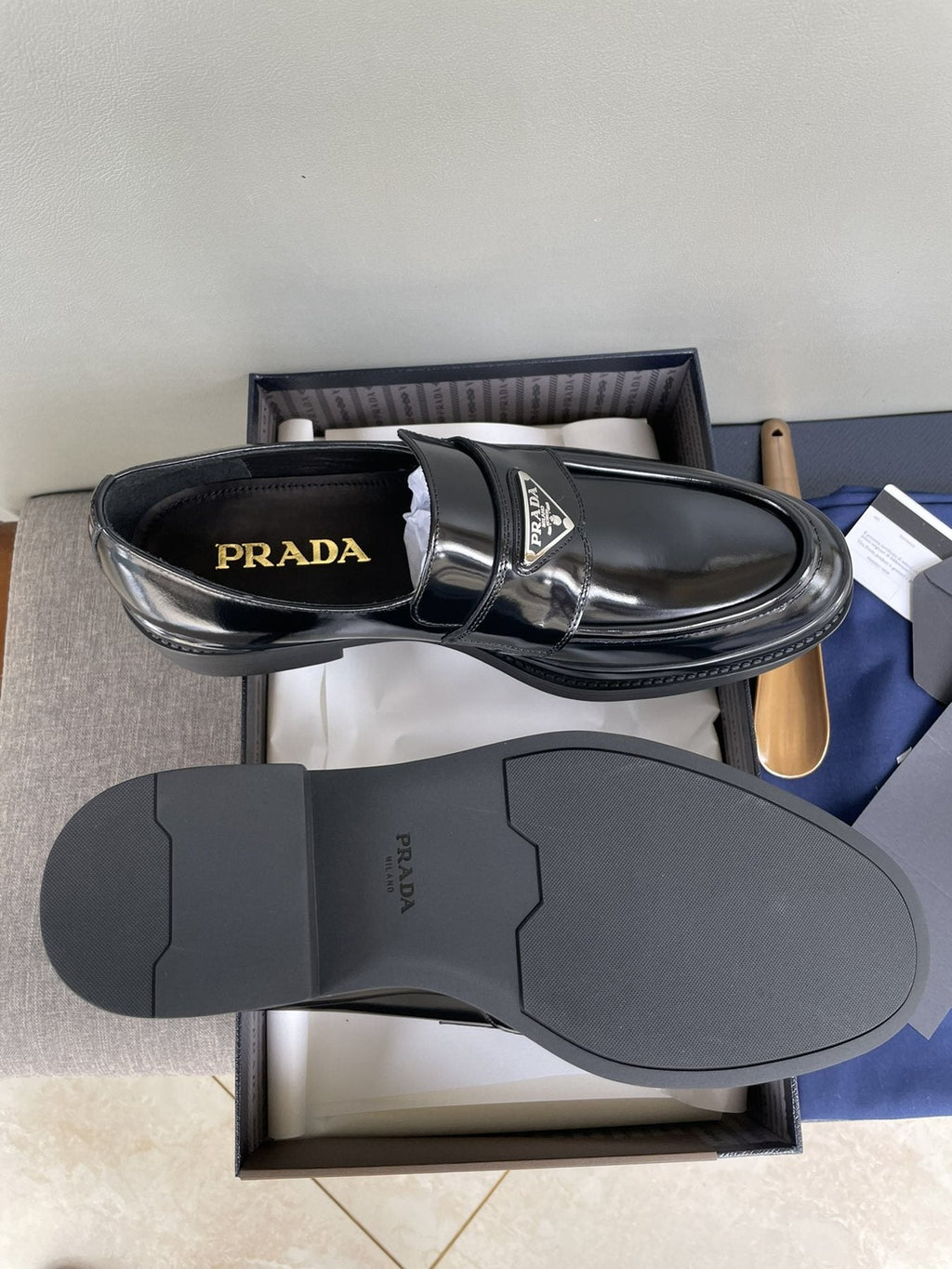 Prada Men's Black Glossy Plaque Loafers